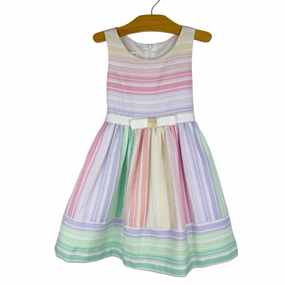 Bonnie Jean Pastel Rainbow Metallic Stripe Spring Party Dress Bow Accent Size 5